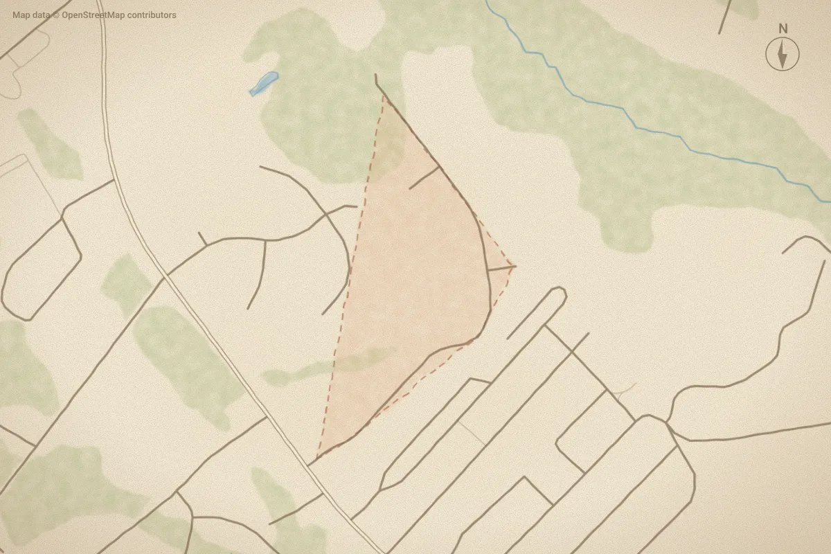 Watercolor map of Pirates Cove in Washington, NC, showing its streets, water and surroundings