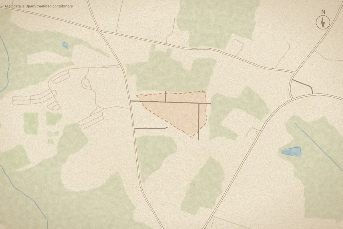 Watercolor map of Planters Trail in Wilson, NC, showing its streets, water and surroundings