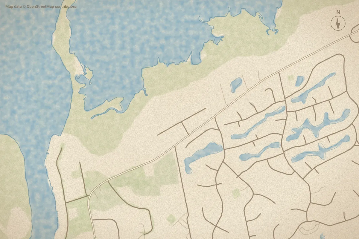 Watercolor map of Pointe Bogue in Emerald Isle, NC, showing its streets, water and surroundings