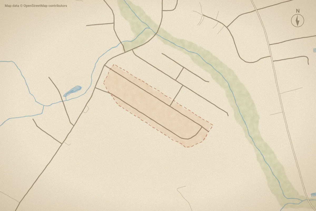 Watercolor map of Preston Farms in Grimesland, NC, showing its streets, water and surroundings