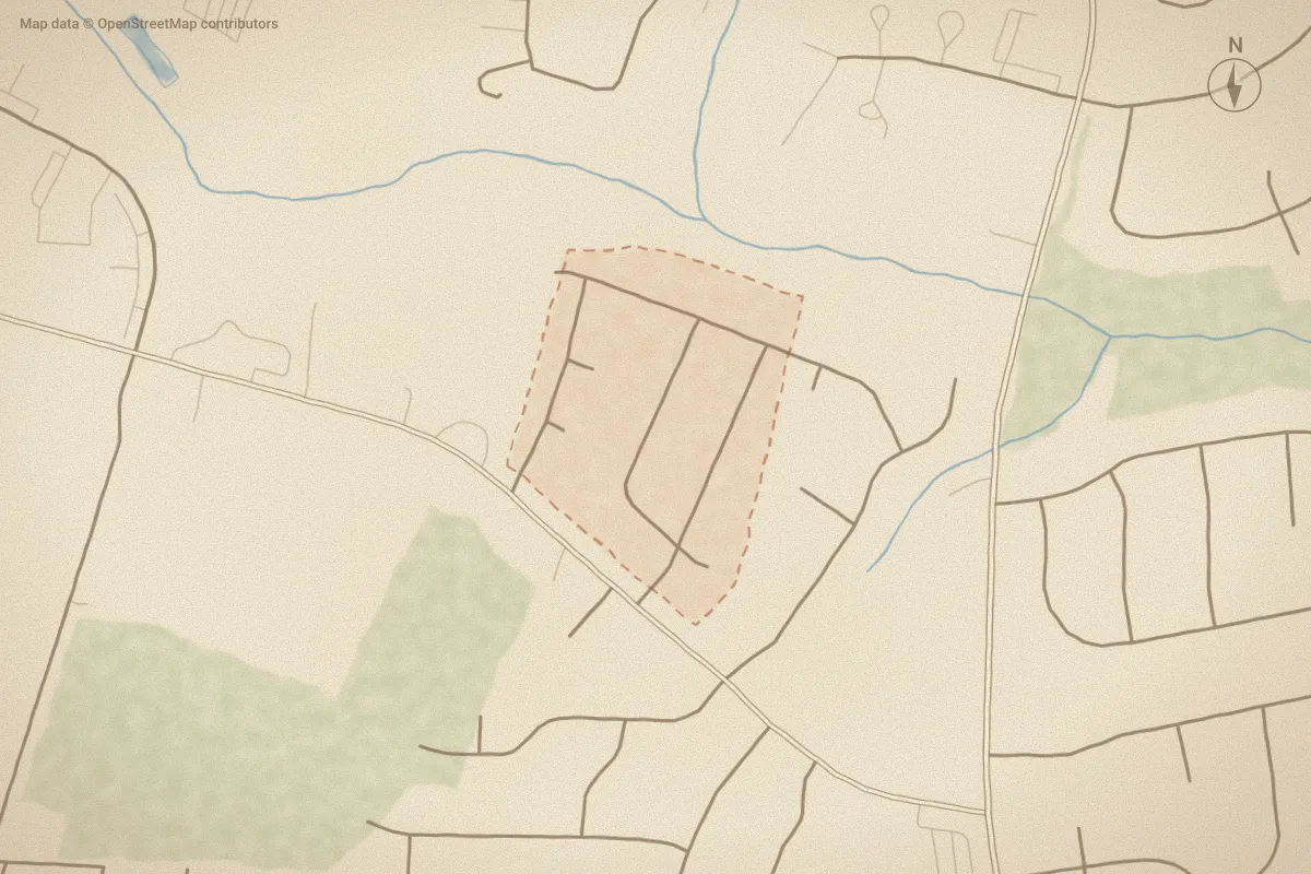 Watercolor map of Preston Trails in Winterville, NC, showing its streets, water and surroundings
