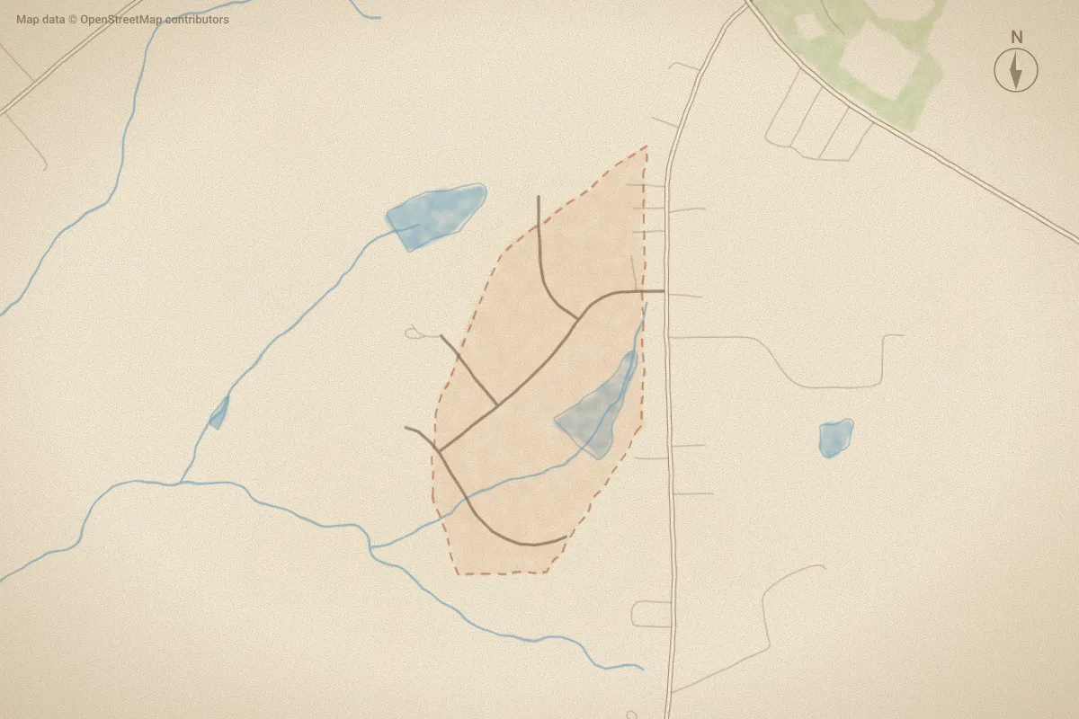 Watercolor map of Quail Haven in Rocky Mount, NC, showing its streets, water and surroundings