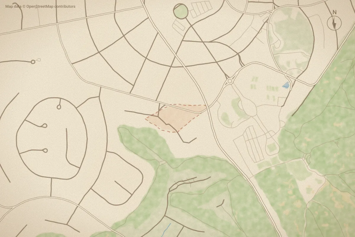 Watercolor map of Quail Hill in Pinehurst, NC, showing its streets, water and surroundings