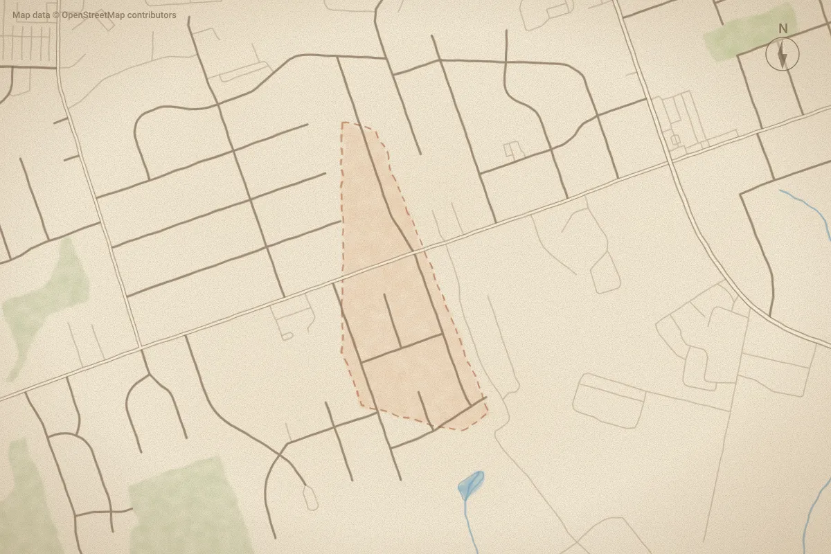 Watercolor map of Quail Hollow in Wilson, NC, showing its streets, water and surroundings