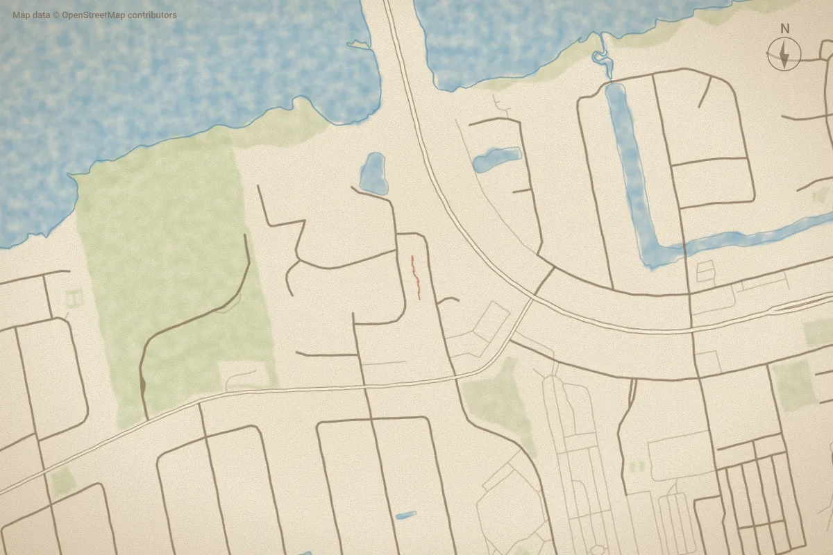 Watercolor map of Quail Ridge in Emerald Isle, NC, showing its streets, water and surroundings