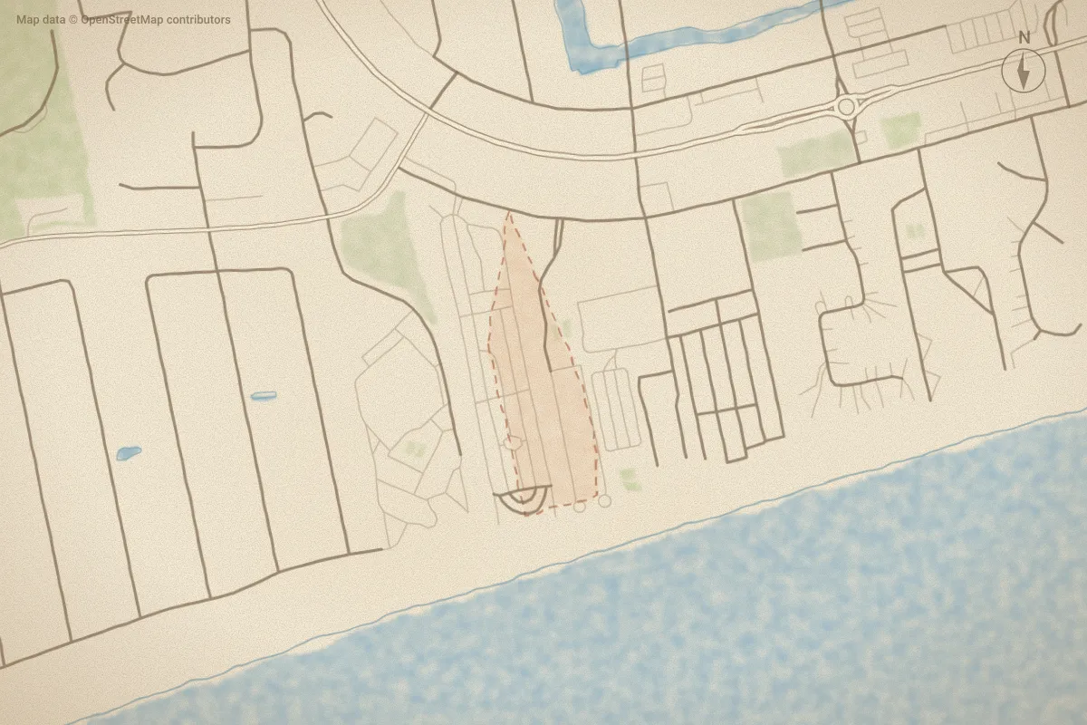 Watercolor map of Queens Court in Emerald Isle, NC, showing its streets, water and surroundings