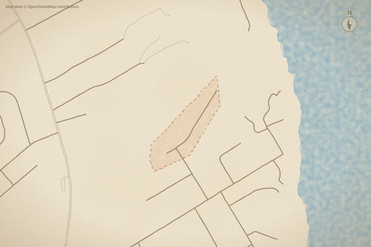 Watercolor map of Rawley Hills in New Bern, NC, showing its streets, water and surroundings