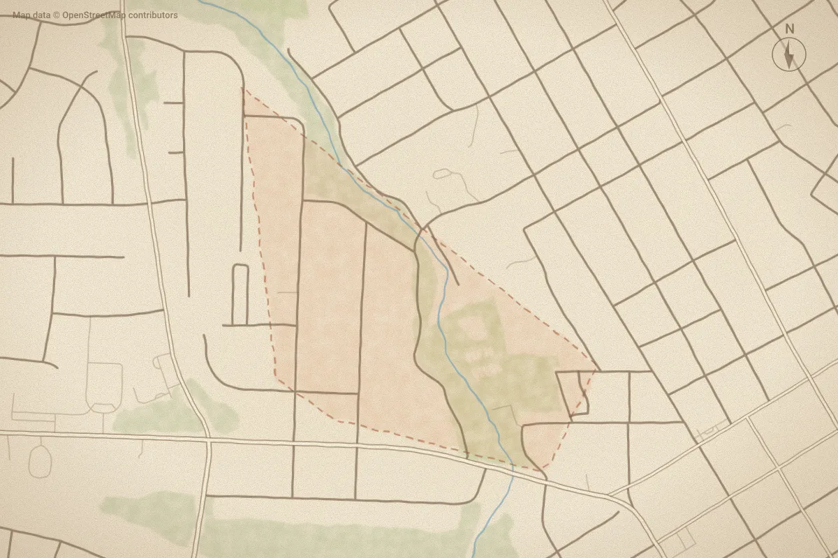 Watercolor map of Recreation Park in Wilson, NC, showing its streets, water and surroundings