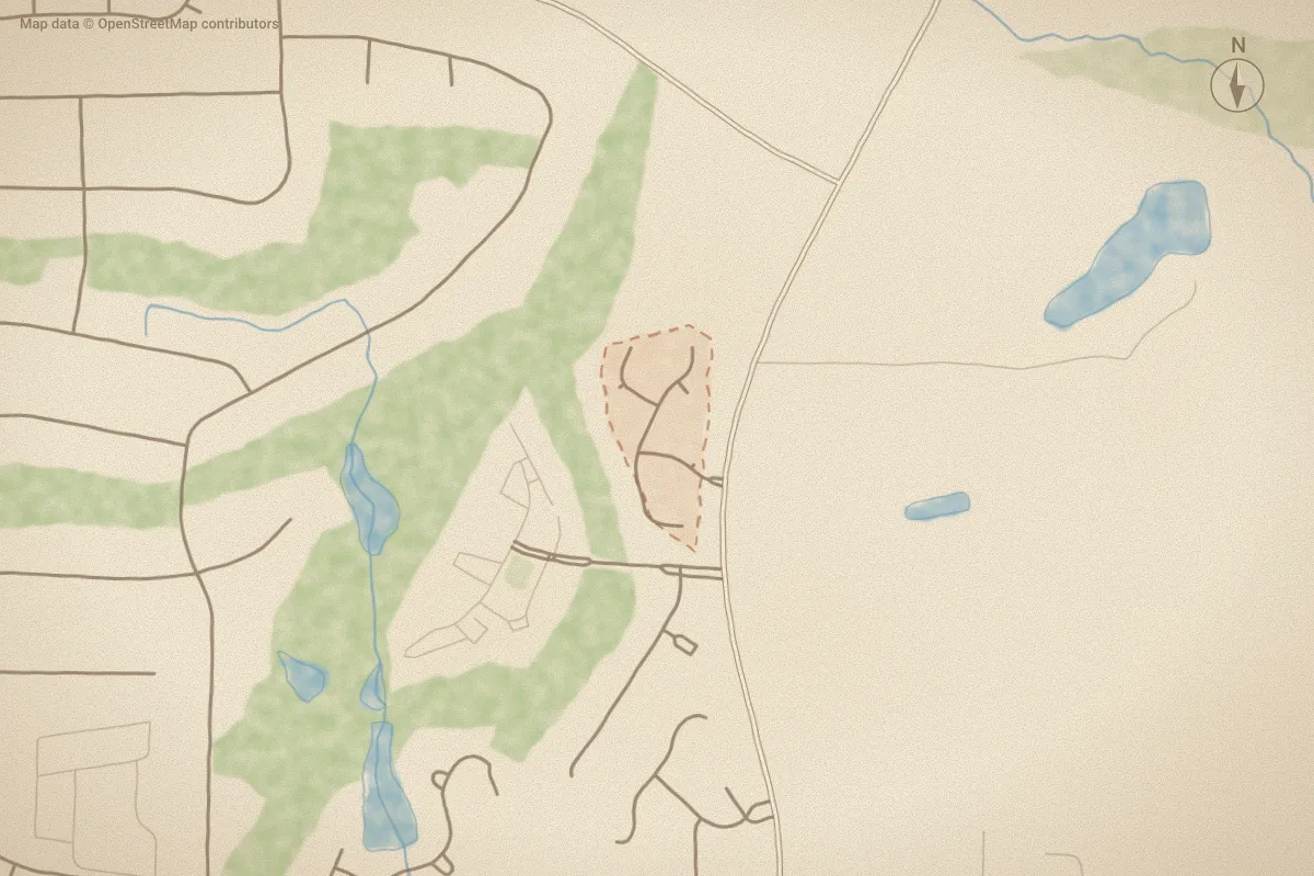 Watercolor map of Remington Woods in Rocky Mount, NC, showing its streets, water and surroundings