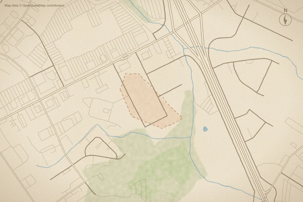 Watercolor map of Ridgecrest in Goldsboro, NC, showing its streets, water and surroundings
