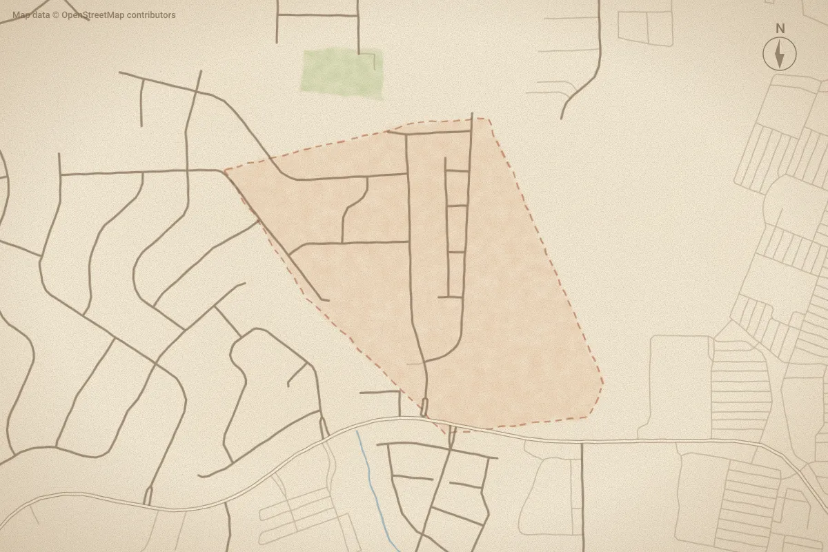 Watercolor map of Ridgewood Farms in Winterville, NC, showing its streets, water and surroundings
