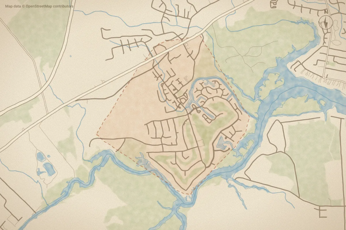 Watercolor map of River Bend in New Bern, NC, showing its streets, water and surroundings