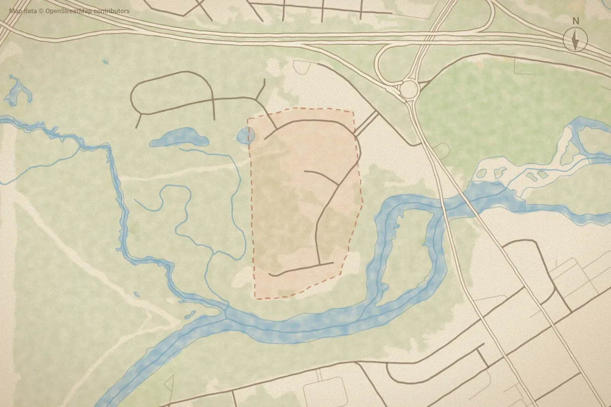 Watercolor map of River Falls in Rocky Mount, NC, showing its streets, water and surroundings