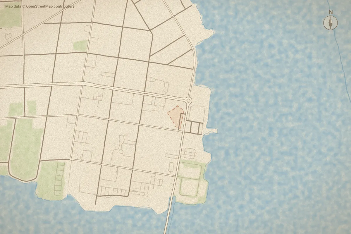 Watercolor map of River Walk in New Bern, NC, showing its streets, water and surroundings
