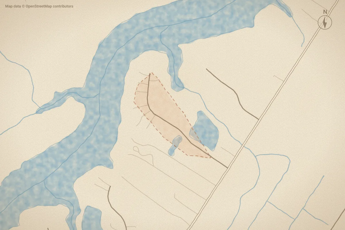 Watercolor map of Riverpoint in Elm City, NC, showing its streets, water and surroundings