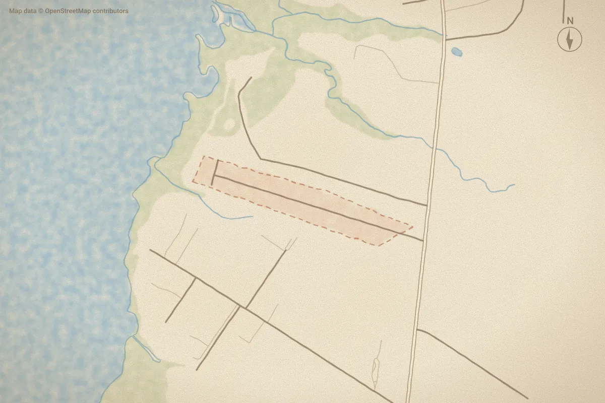 Watercolor map of Riverside Estates in Beaufort, NC, showing its streets, water and surroundings