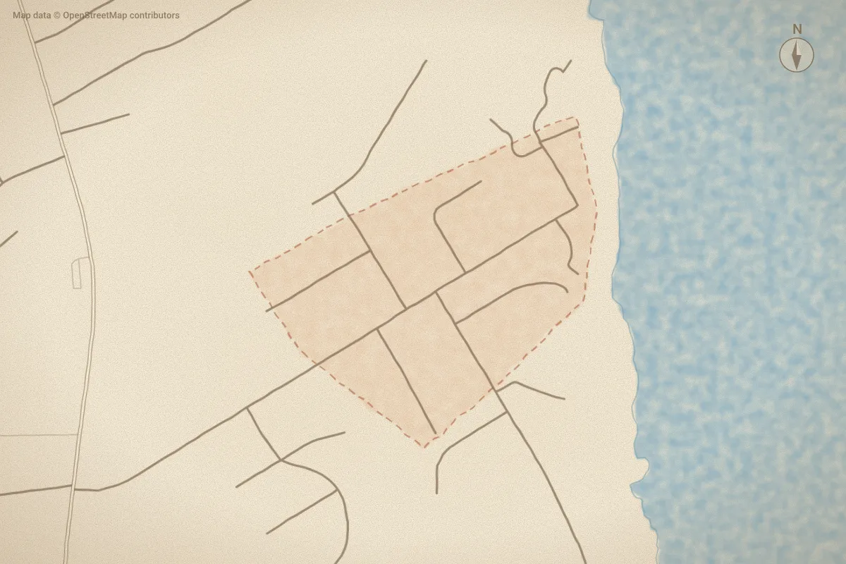 Watercolor map of Riverview Heights in New Bern, NC, showing its streets, water and surroundings