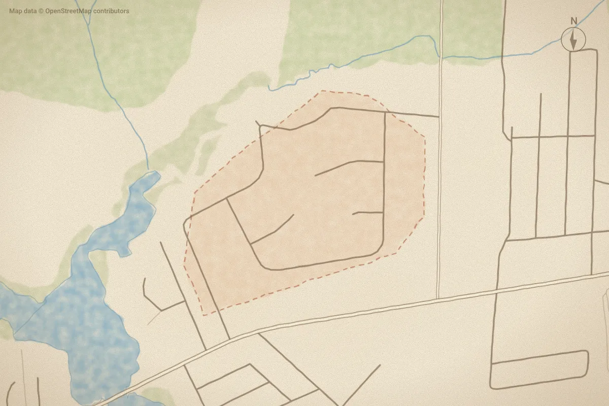 Watercolor map of Rollingwood Acres in Newport, NC, showing its streets, water and surroundings