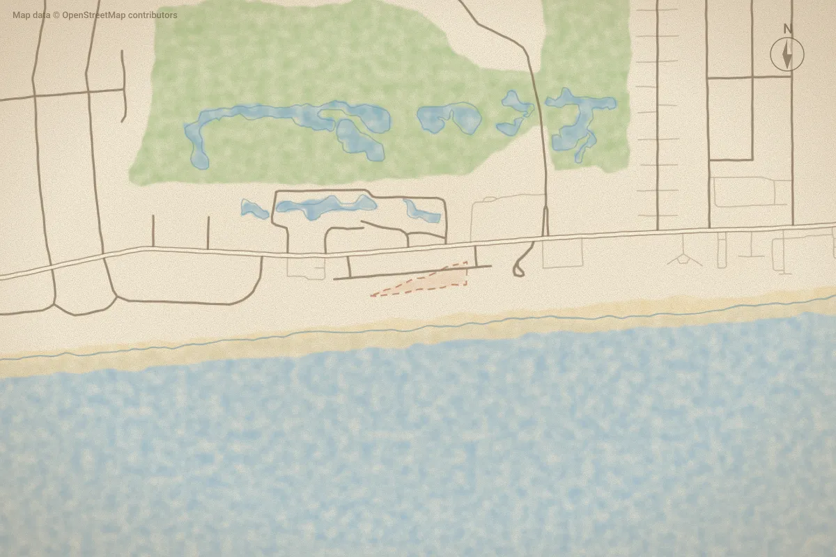 Watercolor map of Roosevelt Beach in Pine Knoll Shores, NC, showing its streets, water and surroundings