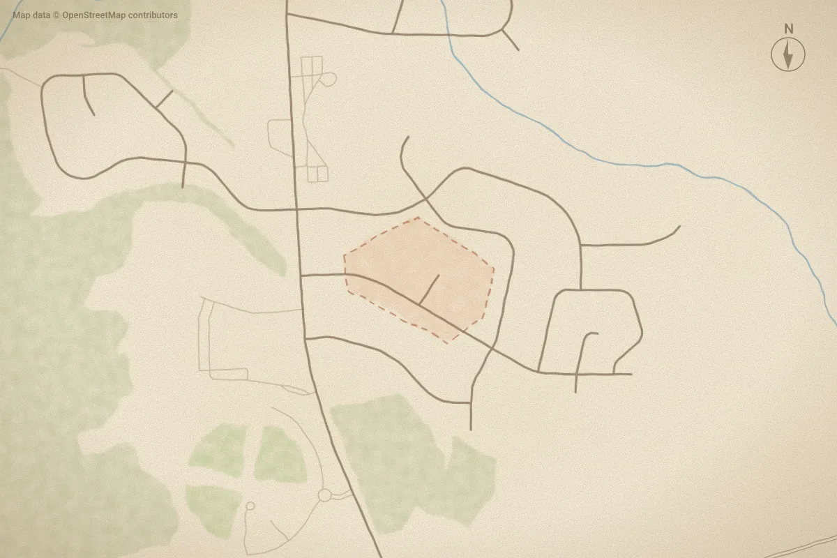 Watercolor map of Rosewood in Winterville, NC, showing its streets, water and surroundings