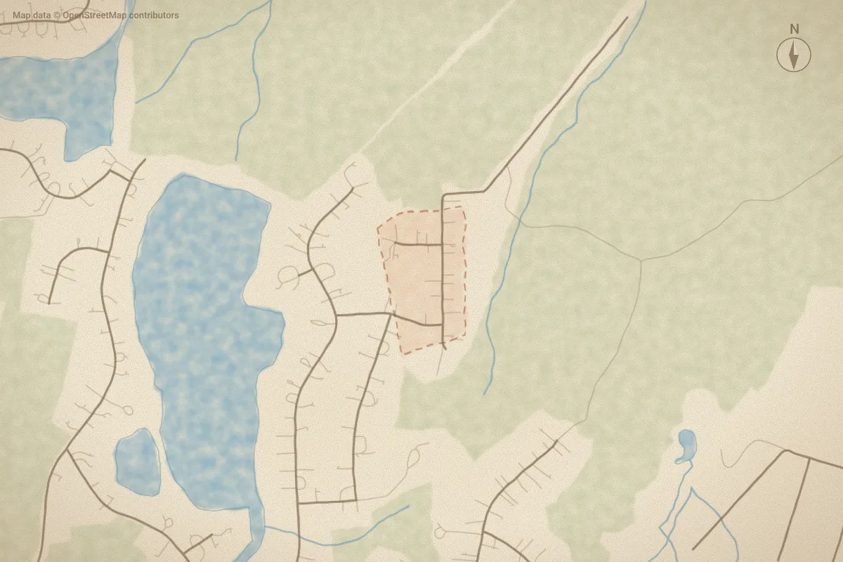 Watercolor map of Royal Woods in Whispering Pines, NC, showing its streets, water and surroundings