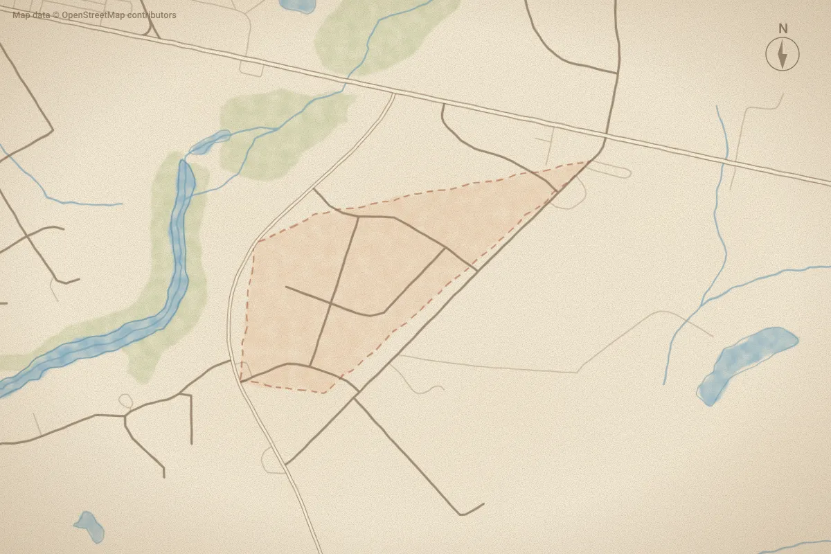 Watercolor map of Runyon Hills in Washington, NC, showing its streets, water and surroundings