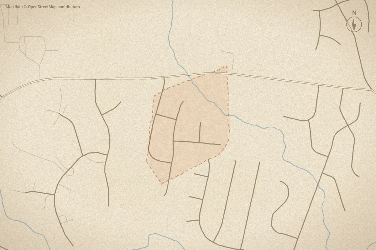 Watercolor map of Saddlebrook in Rocky Mount, NC, showing its streets, water and surroundings