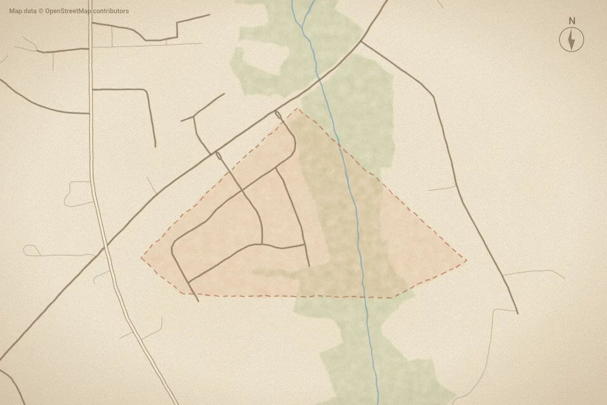 Watercolor map of Sagewood in Greenville, NC, showing its streets, water and surroundings