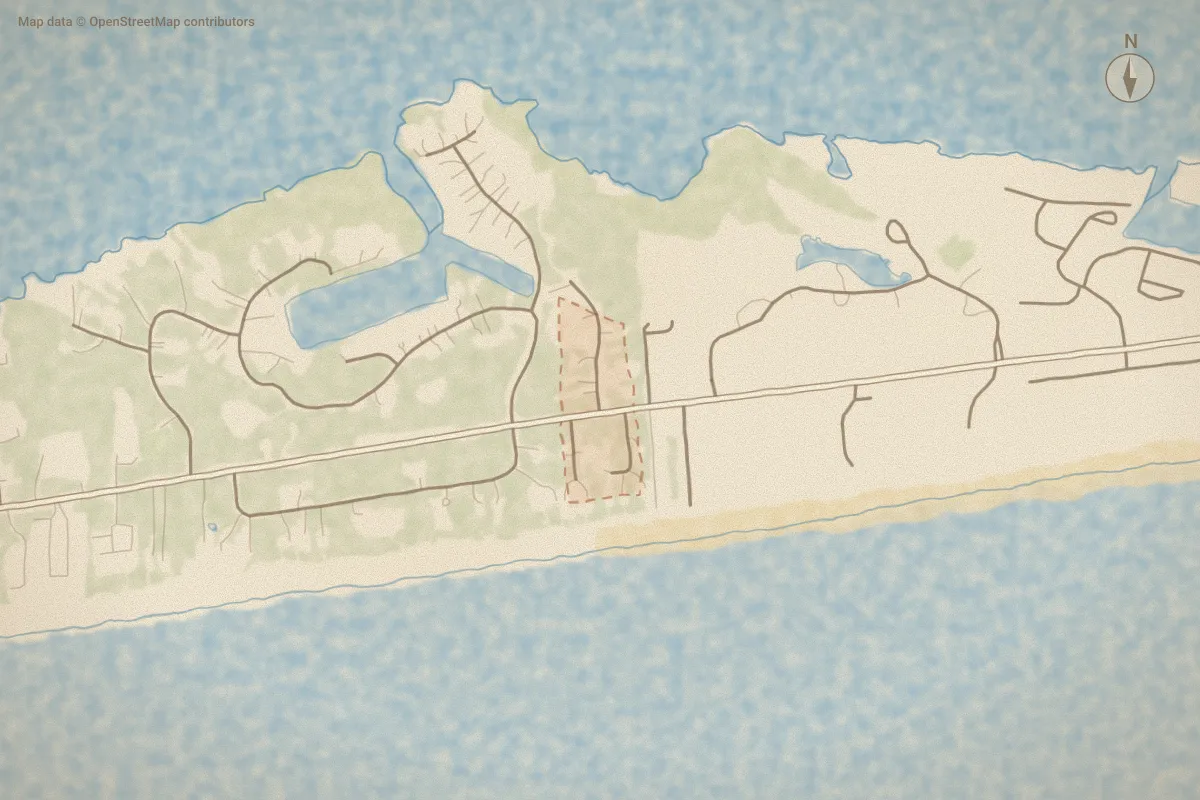 Watercolor map of Sandpiper Village in Indian Beach, NC, showing its streets, water and surroundings
