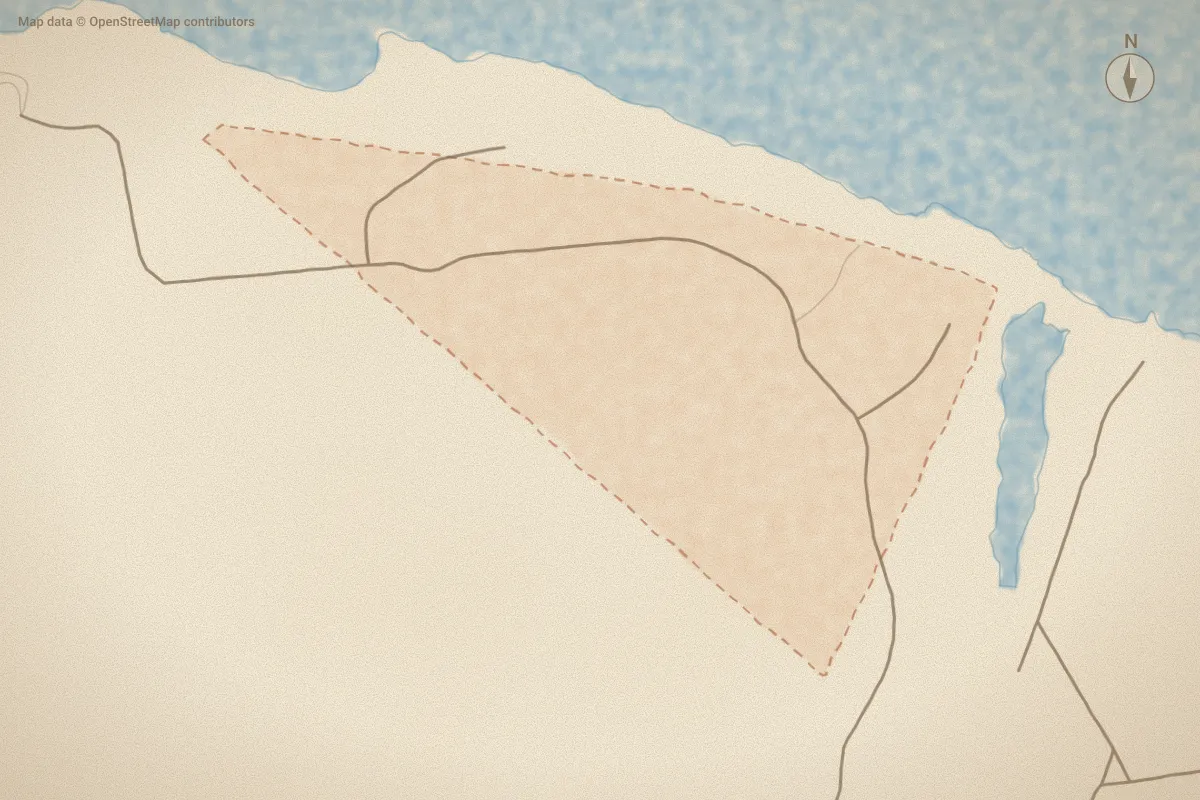 Watercolor map of Sandy Point in Beaufort, NC, showing its streets, water and surroundings
