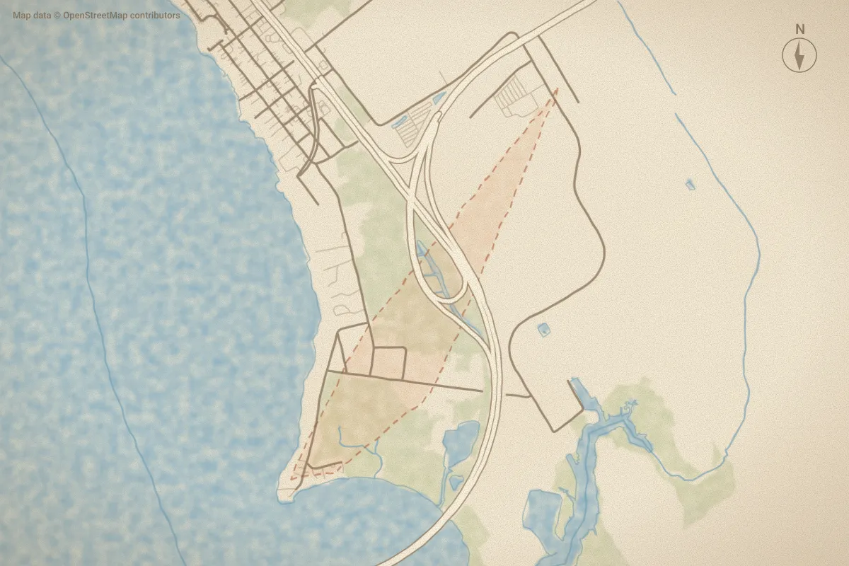 Watercolor map of Sandy Point in New Bern, NC, showing its streets, water and surroundings