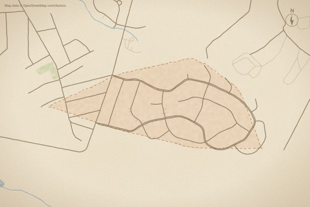 Watercolor map of Sandy Springs in Aberdeen, NC, showing its streets, water and surroundings