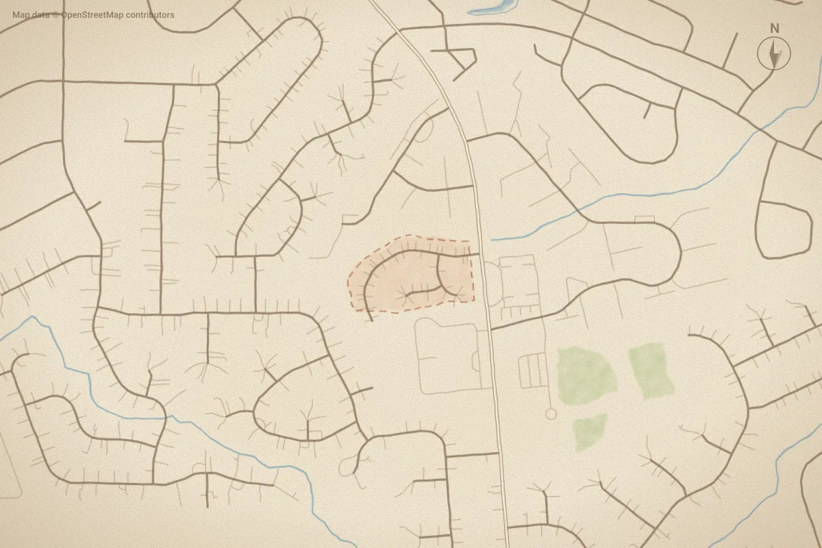 Watercolor map of Scarborough in Greenville, NC, showing its streets, water and surroundings