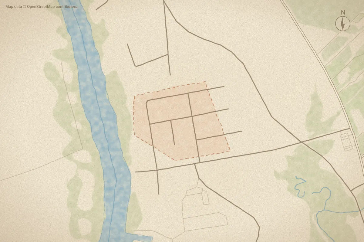 Watercolor map of Sea Gate in Beaufort, NC, showing its streets, water and surroundings