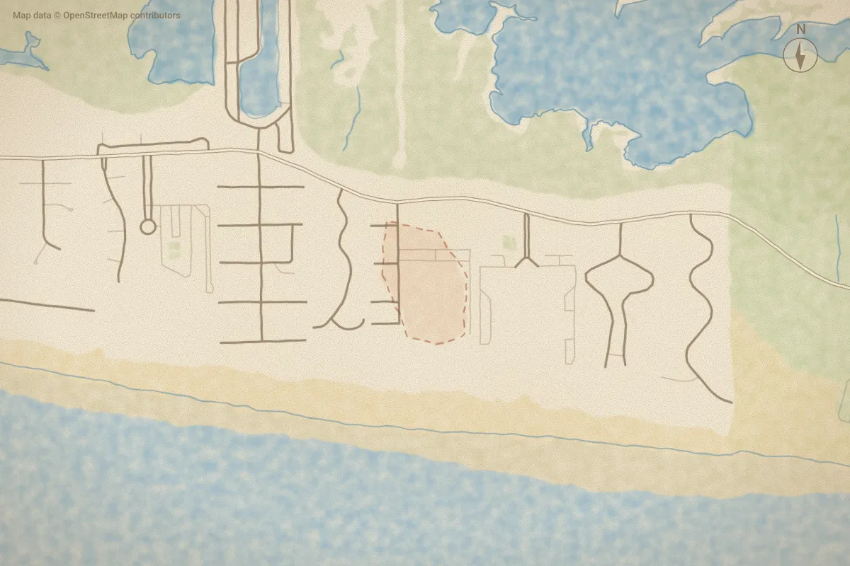 Watercolor map of Sea Spray in Atlantic Beach, NC, showing its streets, water and surroundings