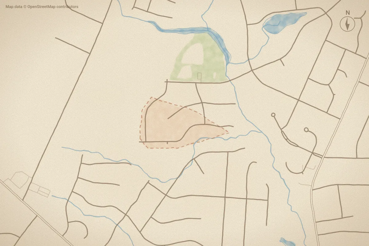 Watercolor map of Sedgefield in Rocky Mount, NC, showing its streets, water and surroundings