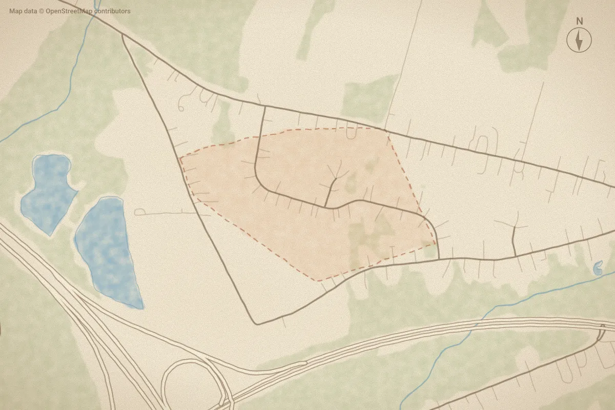 Watercolor map of Sherwin Downs in Wilson, NC, showing its streets, water and surroundings