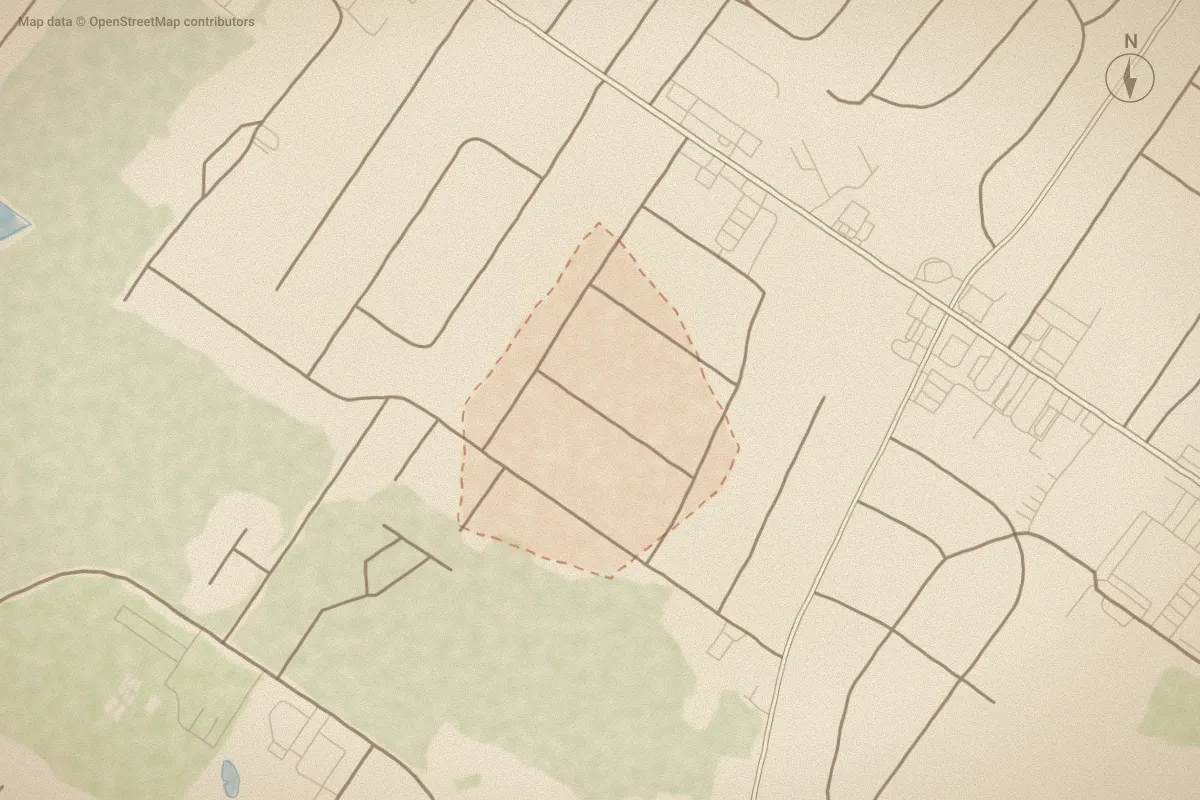 Watercolor map of Sherwood Forest in New Bern, NC, showing its streets, water and surroundings