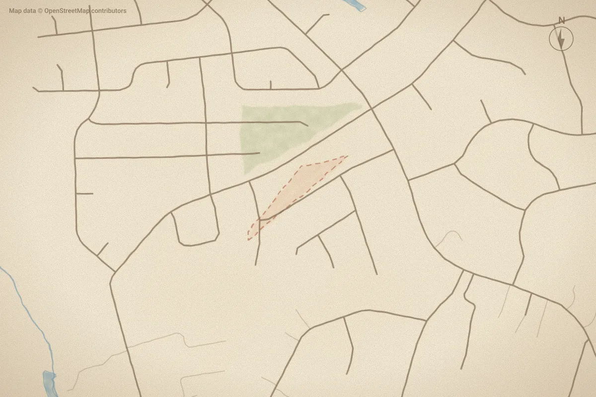 Watercolor map of Sherwood Green in Greenville, NC, showing its streets, water and surroundings