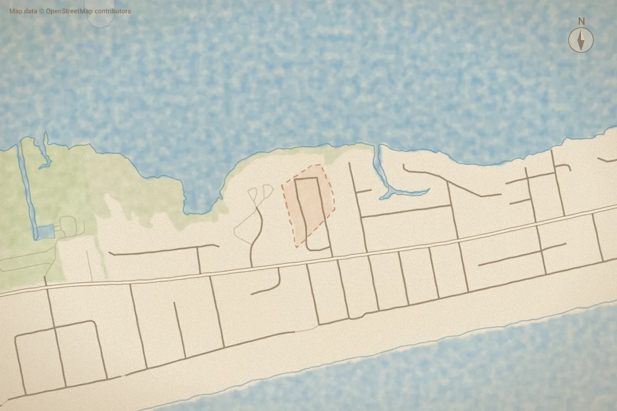 Watercolor map of Shorewood in Emerald Isle, NC, showing its streets, water and surroundings
