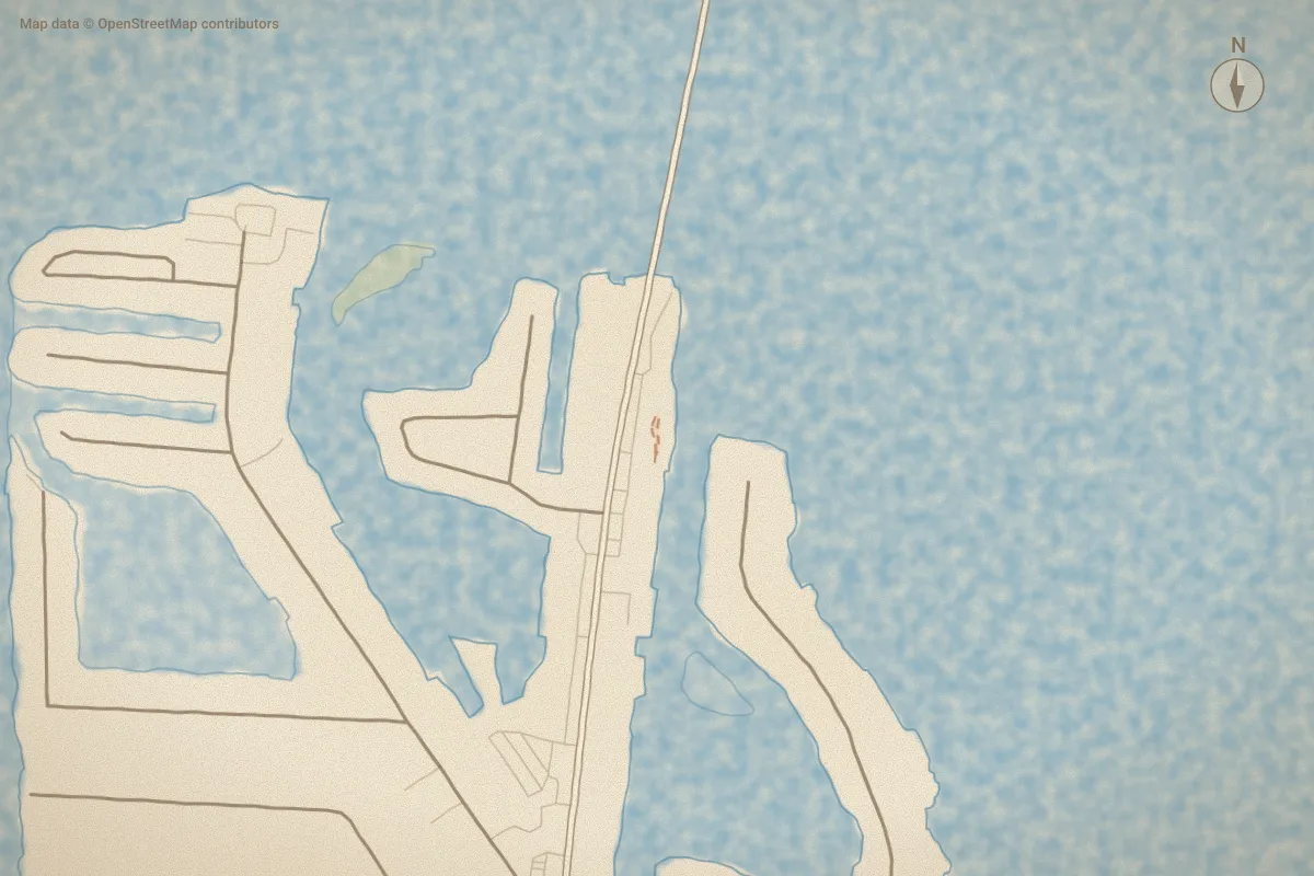 Watercolor map of Showboat Cottages in Atlantic Beach, NC, showing its streets, water and surroundings