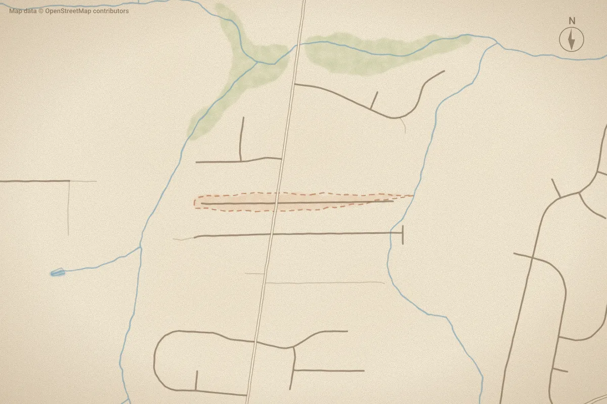 Watercolor map of Sillinger Creek in Goldsboro, NC, showing its streets, water and surroundings