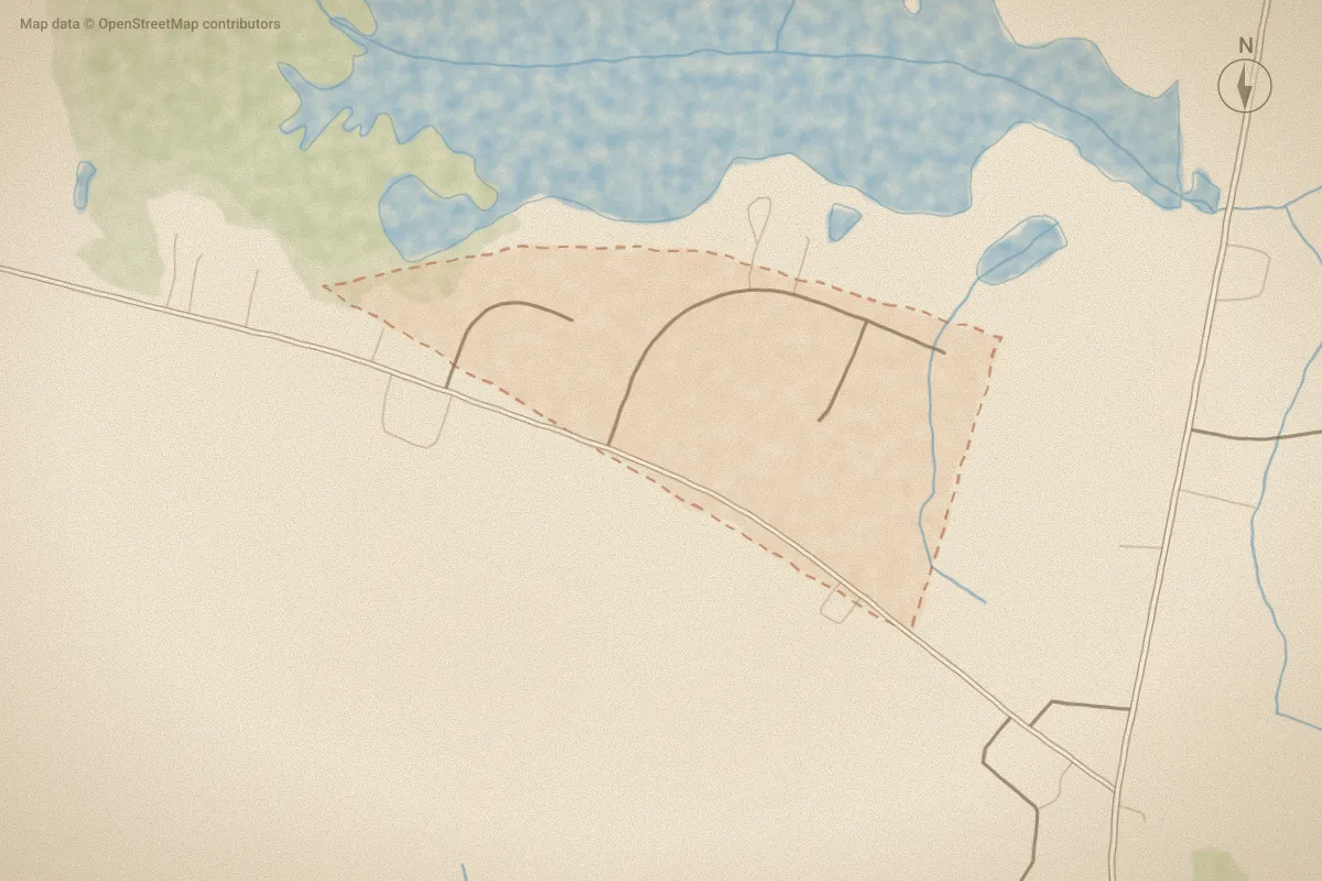 Watercolor map of Silver Lake Villas in Wilson, NC, showing its streets, water and surroundings