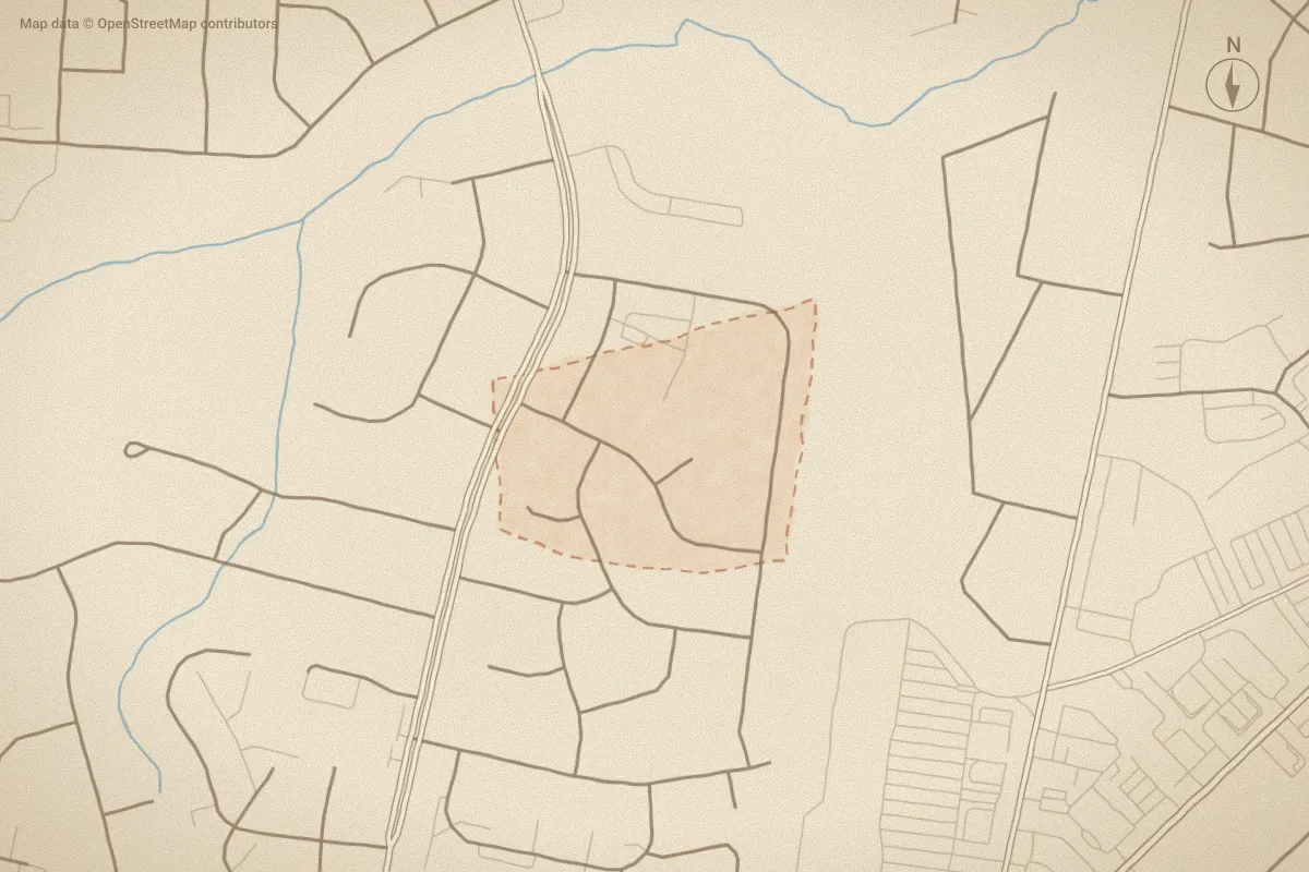 Watercolor map of Singletree in Greenville, NC, showing its streets, water and surroundings