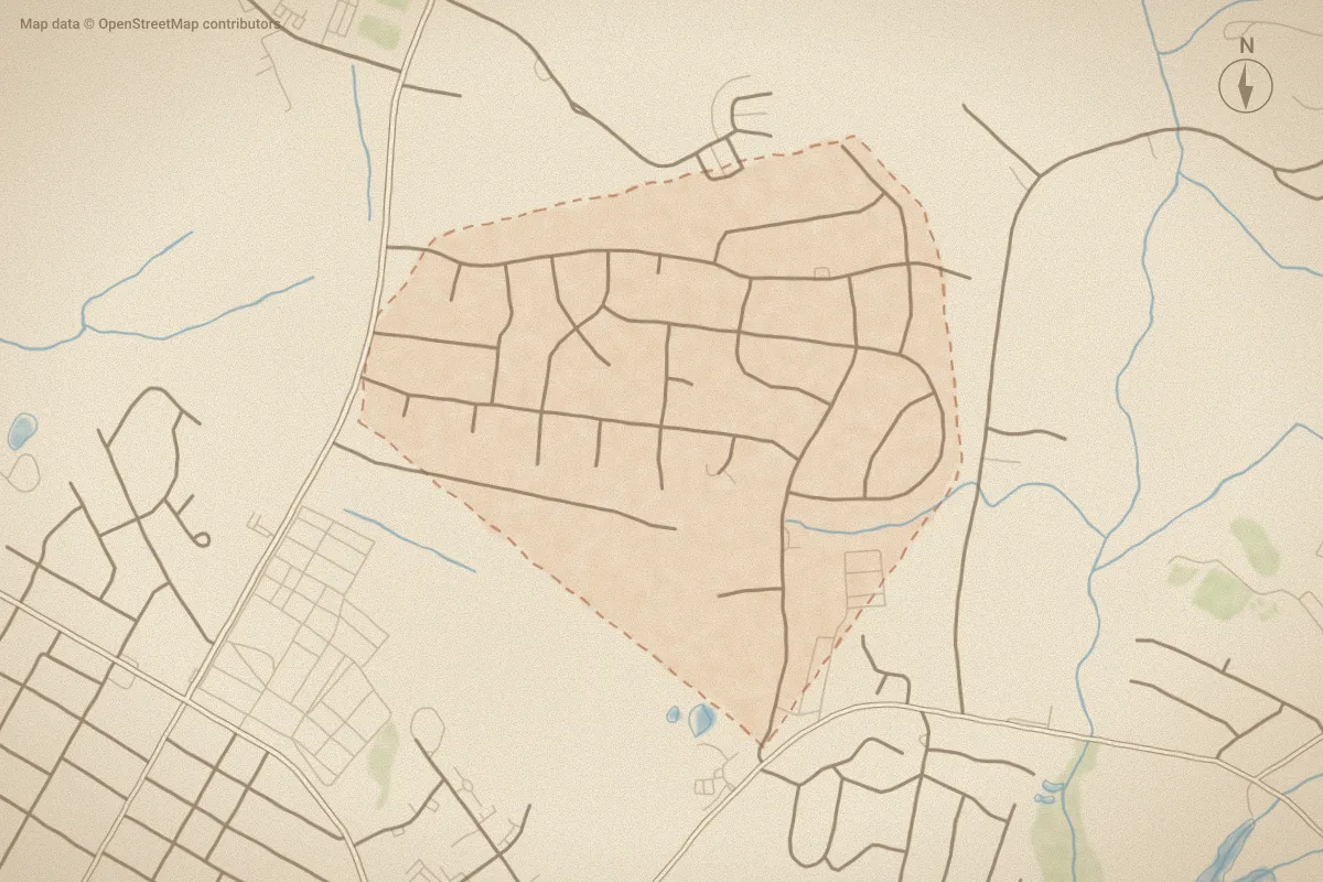 Watercolor map of Smallwood in Washington, NC, showing its streets, water and surroundings