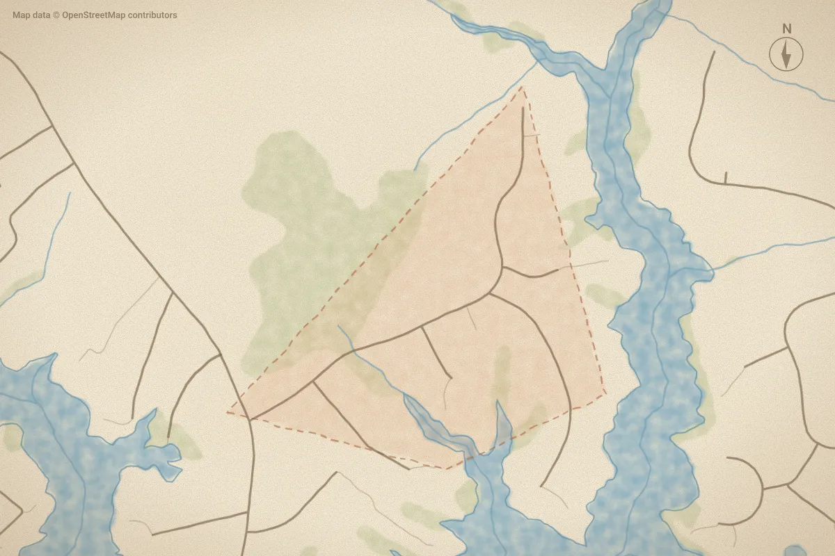Watercolor map of Smugglers Cove in Belhaven, NC, showing its streets, water and surroundings