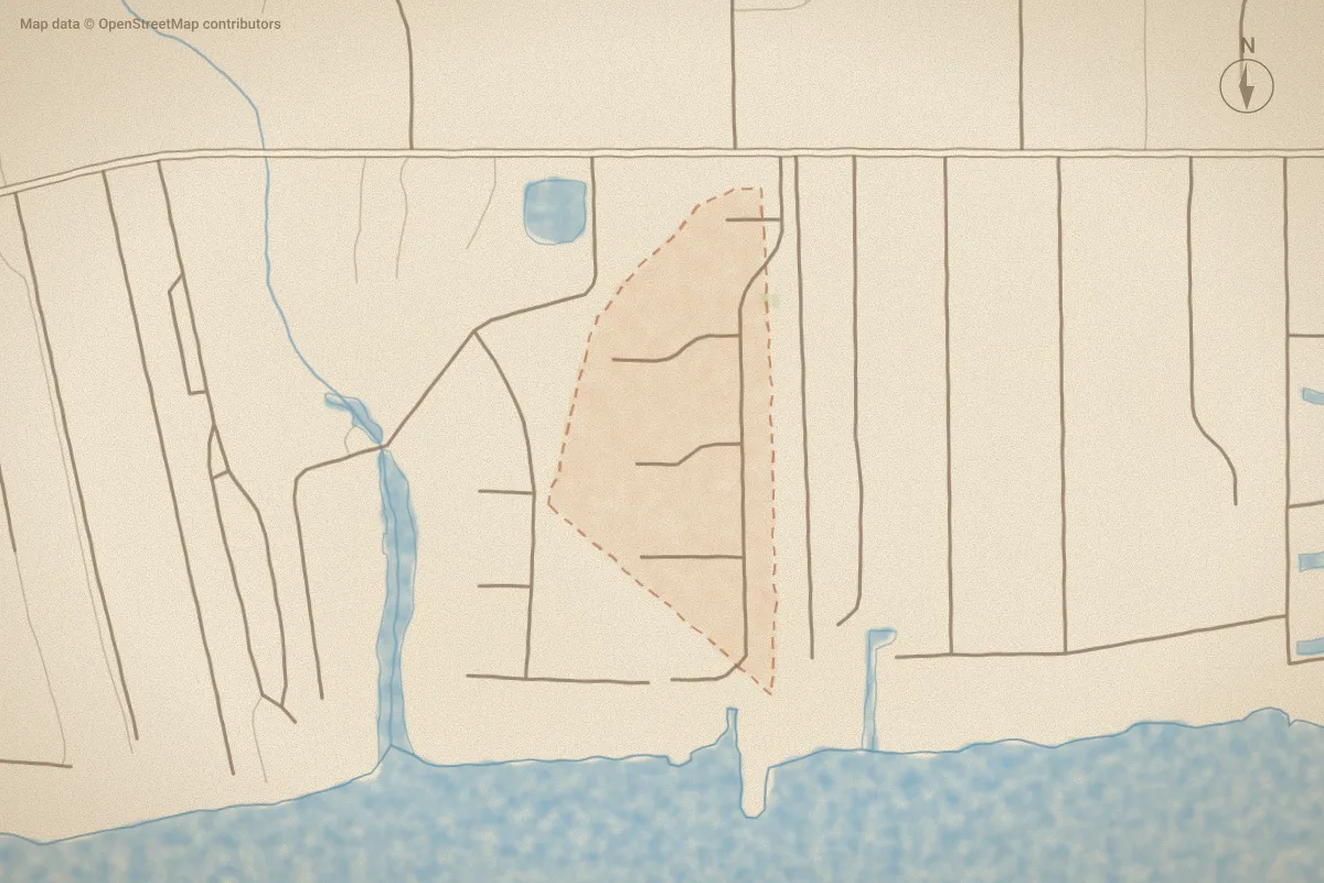 Watercolor map of Somerset Plantation in Newport, NC, showing its streets, water and surroundings