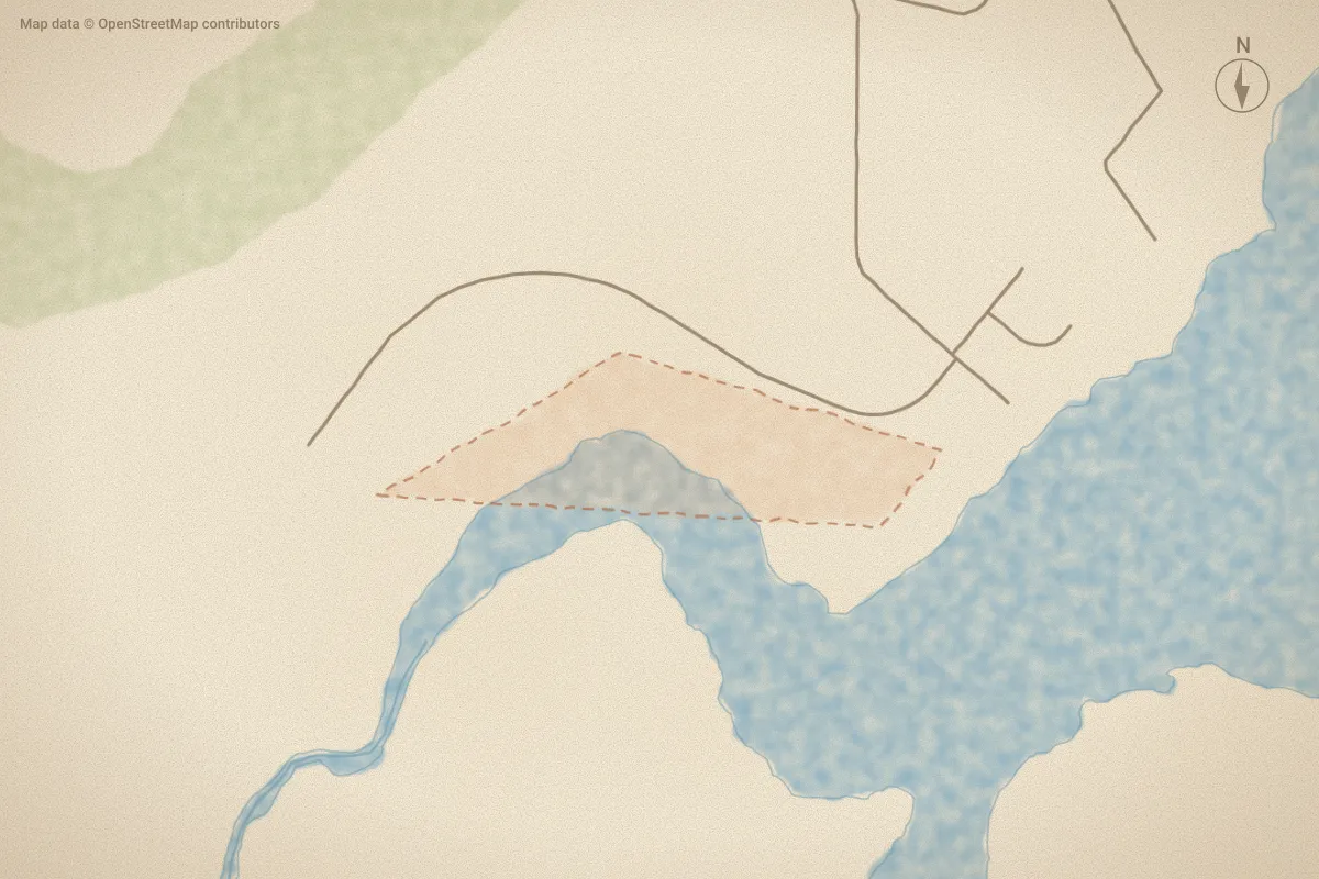 Watercolor map of South Harbour in Beaufort, NC, showing its streets, water and surroundings