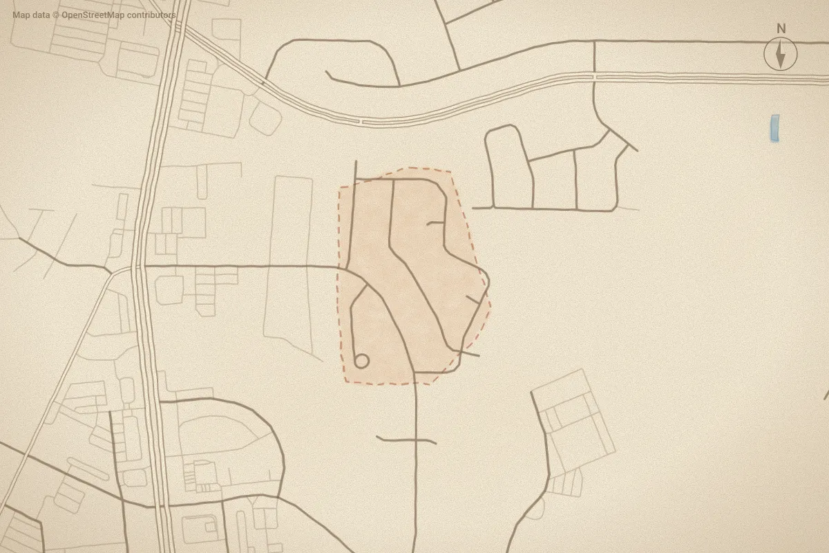 Watercolor map of South Pointe in Winterville, NC, showing its streets, water and surroundings