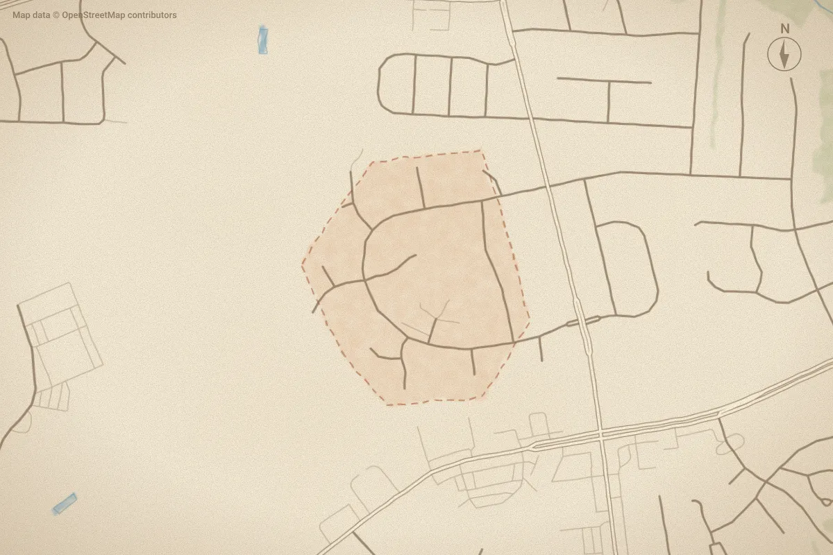 Watercolor map of Southhall in Greenville, NC, showing its streets, water and surroundings